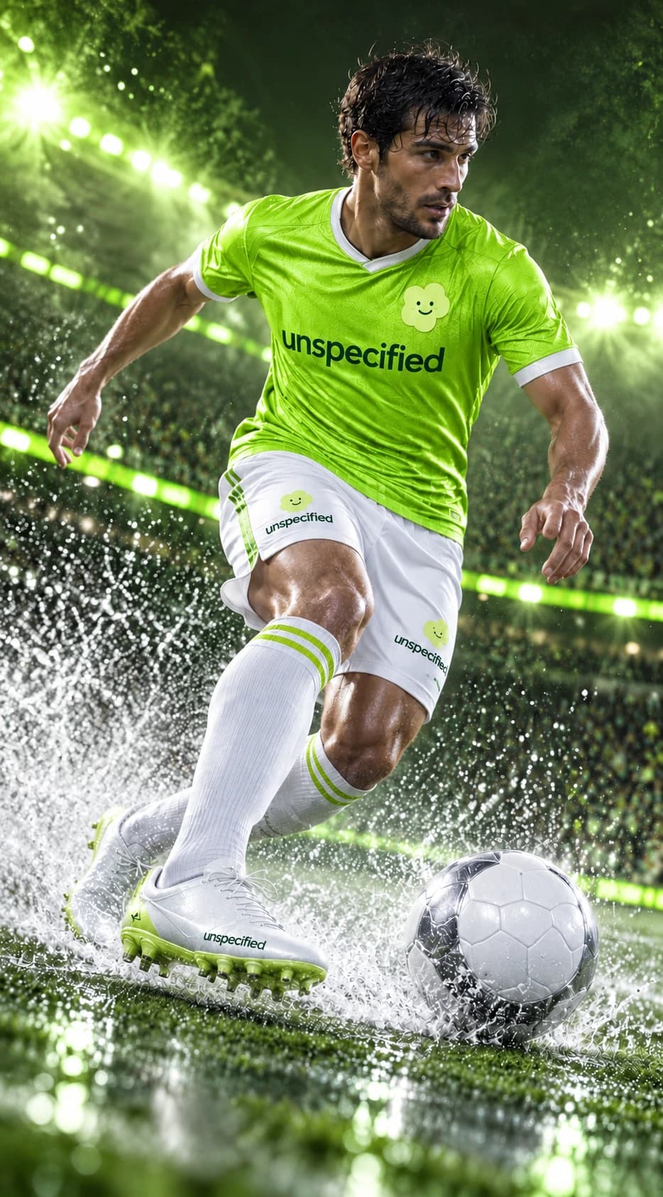 Un footballeur en maillot vert joue sous la pluie dans un stade éclairé