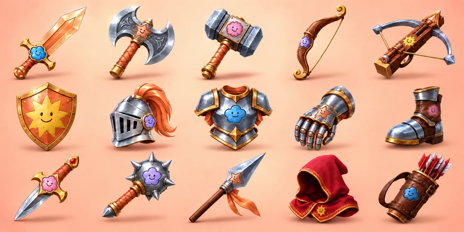 Épées, armures et accessoires pour un jeu fantasy sur fond pêche