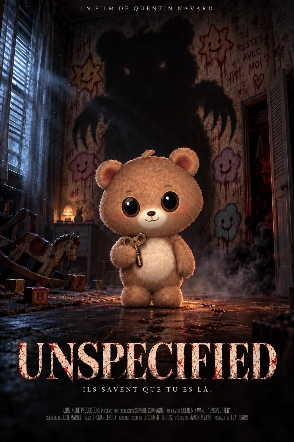 Un ourson devant une ombre monstrueuse sur une affiche de film